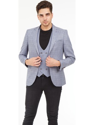 Sposo 5140 Yelekli Dar Kalıp Gri Ekose Erkek Blazer Ceket