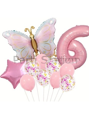 Macaron Kelebek 6 Yaş Balon Set Gökkuşağı Macaron Kelebek Konsept Doğum Günü Balon Set