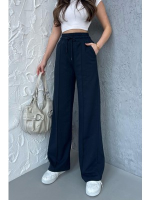 Comeor Kadın Mevsimlik Salaş Geniş Paça Yüksek Bel Lacivert Eşofman Altı