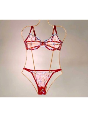 Çiçek Desenli Brode Bralet Alt Üst Takım - Güpürlü Tül Sütyen ve Külot Takım - Iç Çamaşırı Takımı Hediye