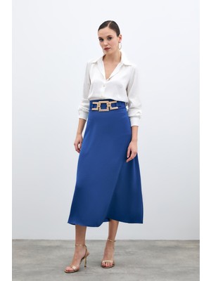 Bel Aksesuarlı Saten Krep Etek - Sax Mavi