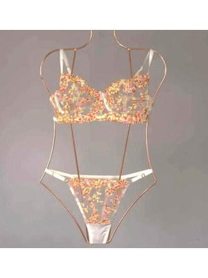 Çiçek Desenli Brode Bralet Alt Üst Takım - Güpürlü Tül Sütyen ve Külot Takım - Iç Çamaşırı Takımı Hediye