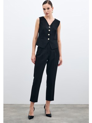 Yüksek Bel Pensli Pantolon - Siyah