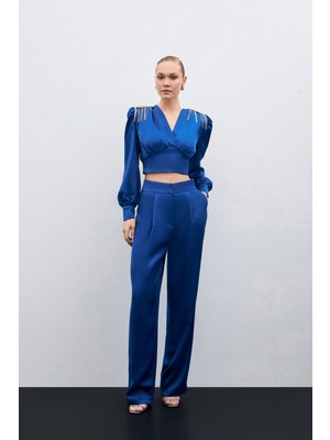 Pileli Saten Krep Pantolon - Indigo