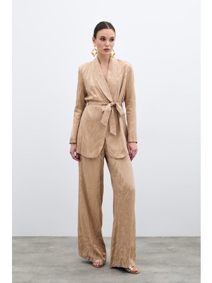 Yüksek Bel Desenli Pantolon - Vizon