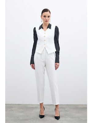 Yüksek Bel Pensli Pantolon - Ekru