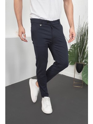 Erkek Lacivert Renk Italyan Kesim Kaliteli Esnek Likralı Bilek Boy Kumaş Pantolon