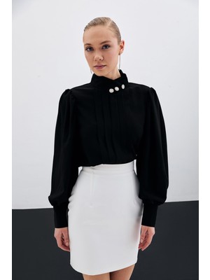 Sateen Nervür Detaylı Bluz - Siyah
