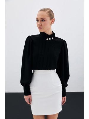 Sateen Nervür Detaylı Bluz - Siyah
