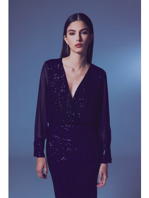Şifon Kol Bodysuit Bluz - Lacivert