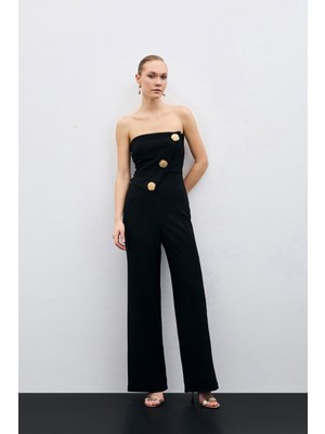 Sateen Aksesuarlı Straplez Tulum - Siyah