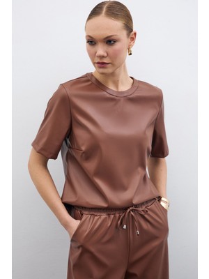 Kısa Kol Deri Bluz - Kahve