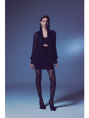 Şifon Kollu Payet Ceket - Siyah