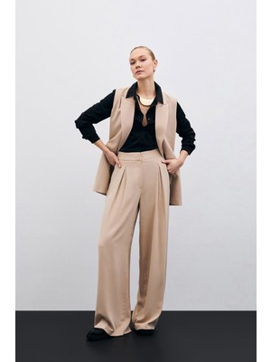 Yüksek Bel Bol Paça Pantolon - Bej