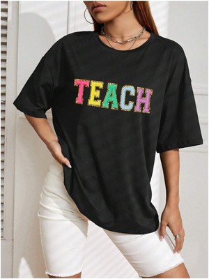 Mercoledi Theach Baskılı Siyah Oversize T-Shirt Salaş Boyfirend