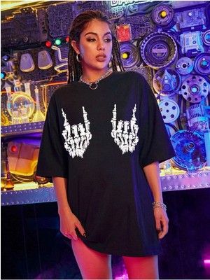 Mercoledi Devil Horns Baskılı Siyah Oversize T-Shirt Salaş Boyfirend