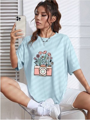 Mercoledi Fotoğraf Makinası Baskılı Oversize T-Shirt Salaş Boyfirend