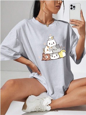 Mercoledi Cut Cats Baskılı Kadın Oversize Salas T-Shirt Boyfriend