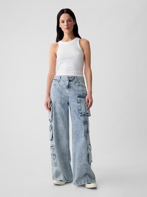 Kadın Mavi Mid Rise Kargo Baggy Jean Pantolon