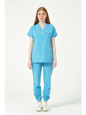 Pratik Medikal Bebe Mavi Likralı Scrubs Jogger Paça Doktor Hemşire Forması Yarasa Kol Takım Unisex