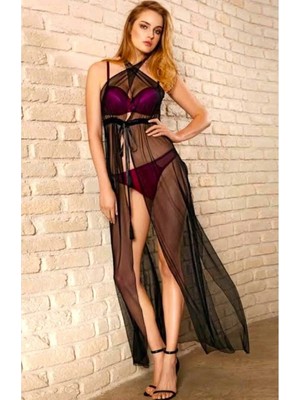 Tül Ip Askılı Uzun Gecelik Sütyen String Takım 3'lü - Sevgililer Günü Hediyesi - Tül Gecelikli Iç Çamaşırı Takımı