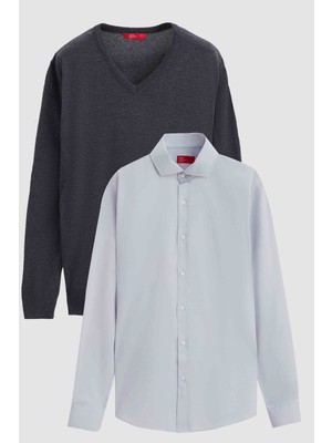 D'S Damat Ds Damat Slim Fit Antrasit Pamuk Karışımlı 2'li V Yaka Triko ve Gömlek 1HC0206VBN01
