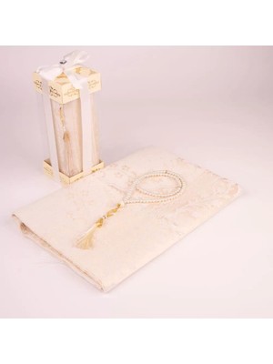 Tesbih + Seccade Hediye Seti (Desenli Dik Asetat Kutu, Krem)