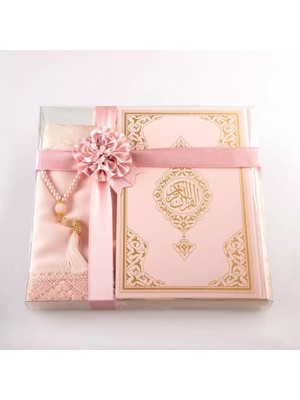 Şal + Seccade + Tesbih + Kuran Hediye Seti (Orta Boy, Ekonomik Cilt, Pembe)
