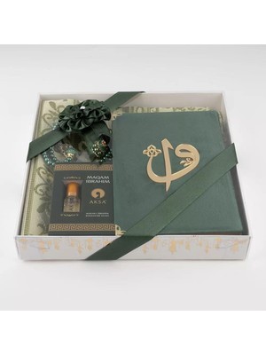 Kuran + Seccade +  Tesbih + Zikirmatik + Koku Hediye Seti (Çanta Boy, Kadife, Yeşil)