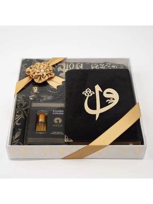 Kuran + Seccade +  Tesbih + Zikirmatik + Koku Hediye Seti (Çanta Boy, Kadife, Siyah)