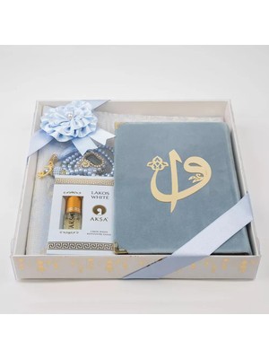 Kuran + Seccade +  Tesbih + Zikirmatik + Koku Hediye Seti (Çanta Boy, Kadife, Mavi)