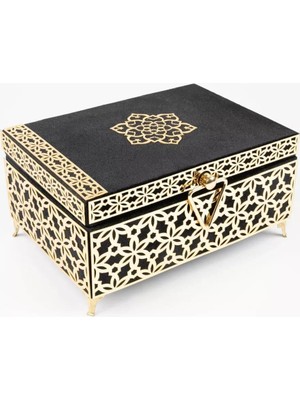 Desenli Kutu Çeyizlik, Seccade + Tesbih + Kuran Hediye Seti (Hafız Boy, Kadife, Siyah, Elif-Vav)