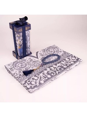 Tesbih + Seccade Hediye Seti (Desenli Dik Asetat Kutu, Lacivert)