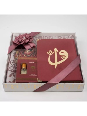 Kuran + Seccade +  Tesbih + Zikirmatik + Koku Hediye Seti (Çanta Boy, Kadife, Bordo)