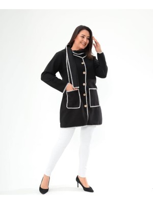 Zy Plus Büyük Beden Siyah Oya Detaylı Atkılı Düğmeli Keçe Ceket
