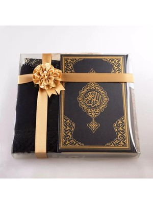 Şal + Seccade + Tesbih + Kuran Hediye Seti (Orta Boy, Ekonomik Cilt, Siyah)