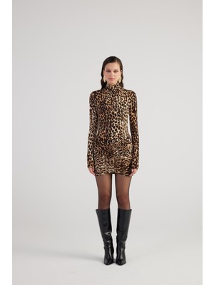 Leopar Desenli Balıkçı Yaka Mini Britney Elbise Kahve