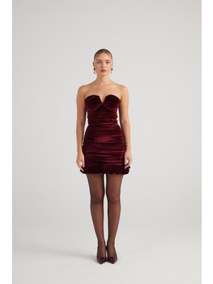 Drapeli Straplez Kesim Kadife Mini Samantha Elbise Bordo