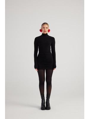 Balıkçı Yaka Büzgülü Mini Tami Elbise Siyah