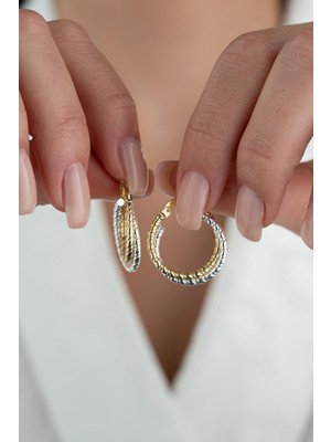 Nereze 925 Ayar Gümüş Çift Renk Çizgili Tasarım Halka Küpe