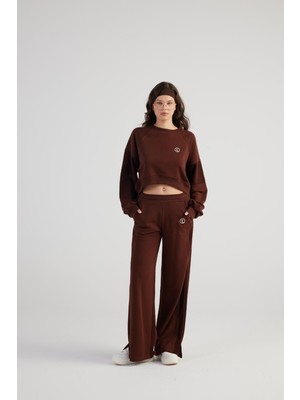 Holly Lolly Kahve Geniş Paça Eşofman Altı Kadın Paçası Yırtmaçlı 3 İplik Kumaşla Şık ve Rahat