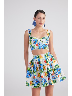 Holly Lolly Gloplu Desenli Askılı Ravello Mavi Kolsuz Büstiyer Dokuma Kumaş Normal Yaka XS Kadın