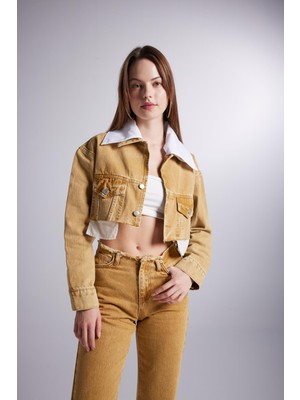 Mermer Desenli Çıkarılabilir Yaka Detaylı Crop Kesim Cepli Rusted Jean Ceket Camel