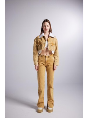 Mermer Desenli Çıkarılabilir Yaka Detaylı Crop Kesim Cepli Rusted Jean Ceket Camel