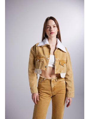 Mermer Desenli Çıkarılabilir Yaka Detaylı Crop Kesim Cepli Rusted Jean Ceket Camel