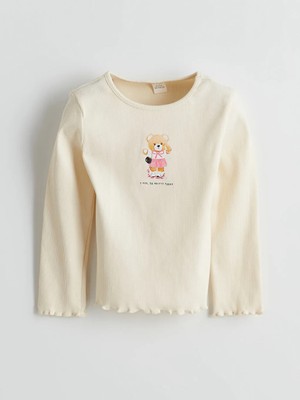 LC Waikiki  Baby Ekru Bisiklet Yaka Uzun Kollu Baskılı Kız Çocuk Tişört