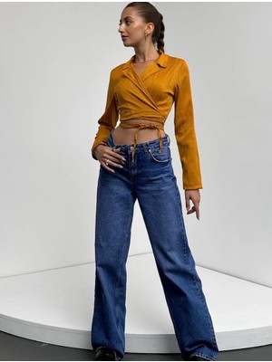 Gömlek Yaka Beli Bağlamalı Crop Bluz