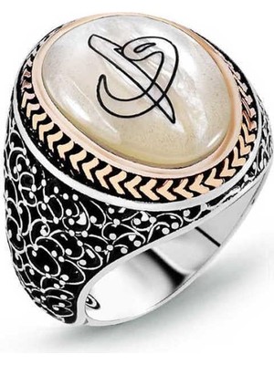 Gumush Gümüş Sedef Taşlı Eli Vav Erkek Yüzük