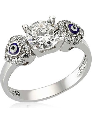 Gümüş Kalp Nazarlı Tek Taş Bayan Yüzük