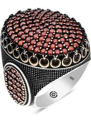 Gumush Gümüş Kırmızı Zirkon Taşlı Oval Erkek Yüzük